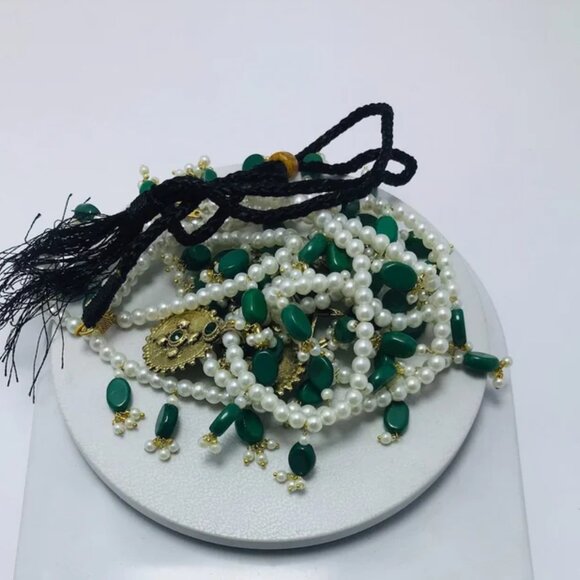 Pearls Beaded Multilayers Bib Necklace, Handmade Three Layers Bib Necklace, - Picture 7 of 8